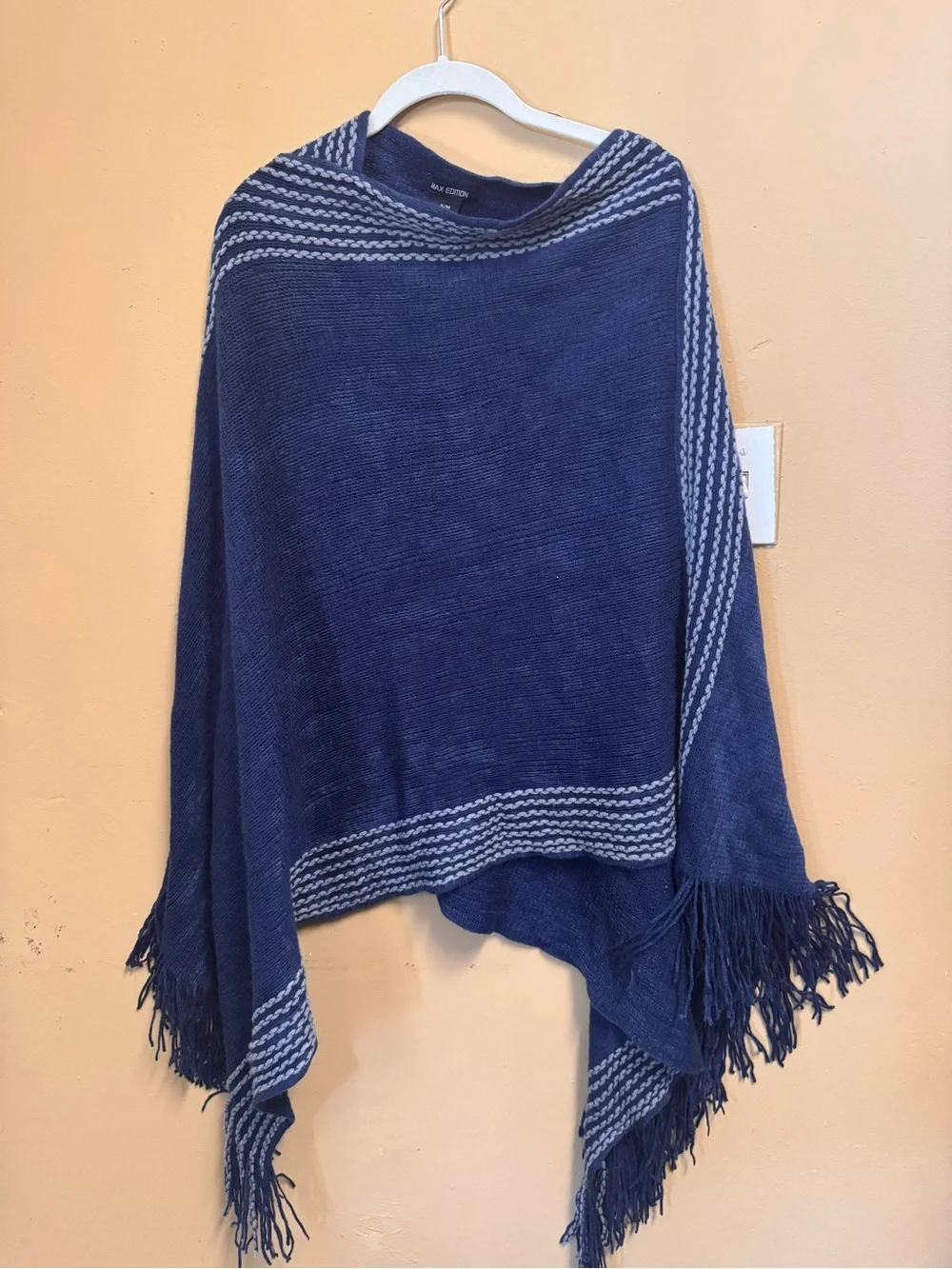 Max Edition Navy Blue Fringe Knit Throw Poncho
